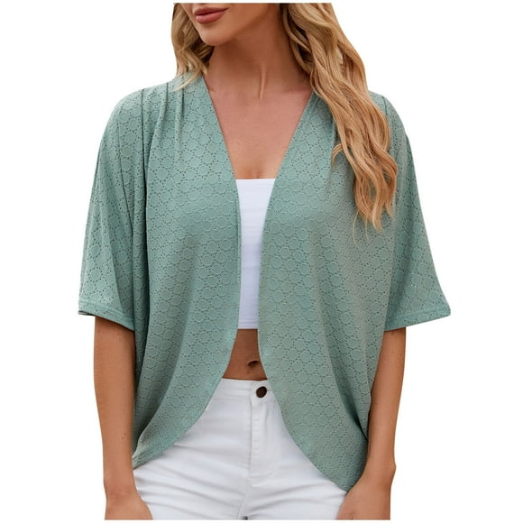 Timegard Tops for Women 1/2 Sleeve Eyelet Ruffle Open Front Crop Top Beach Casual Lightweight Cardigan
