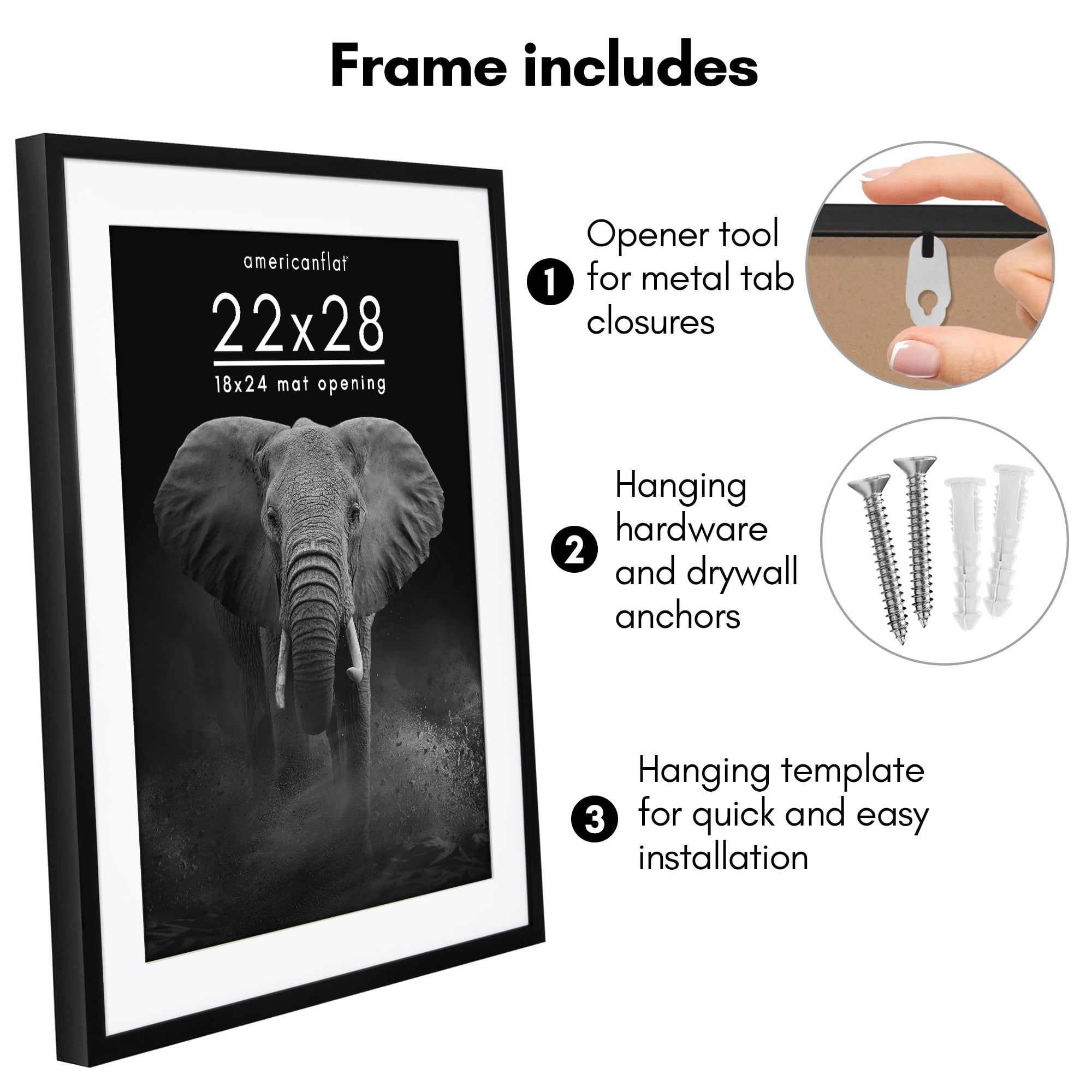 Americanflat 22x28 Poster Frame with Polished Plexiglass with 18x24 Mat Display Photo Soho Collection - Black