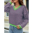 thumbnail image 2 of Women'S Long Sleeve Striped Sweater V Neck Color Block Soft Knit Pullover Trendy Jumper Tops Blue & Pink XL, 2 of 6