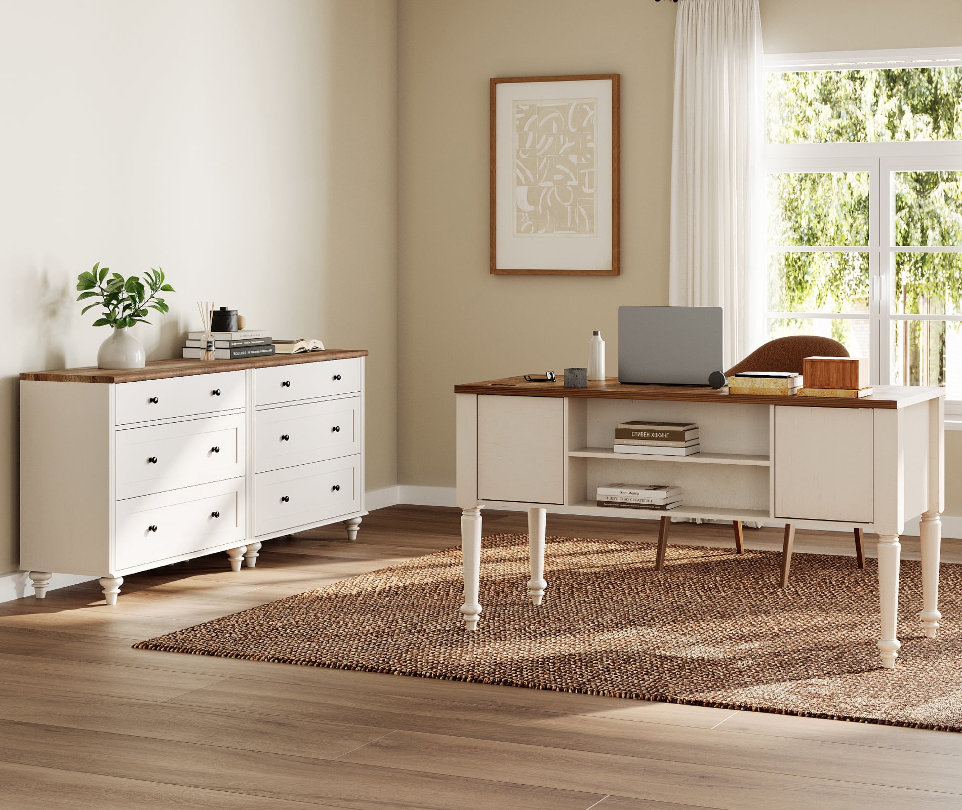 White Home Office Furniture Set, 56" Executive Desk with Charging Station, 2-in-1 Cabinet with 6 Wooden Drawers, Wood Computer Desk with File Cabinet Storage, Open Shelf