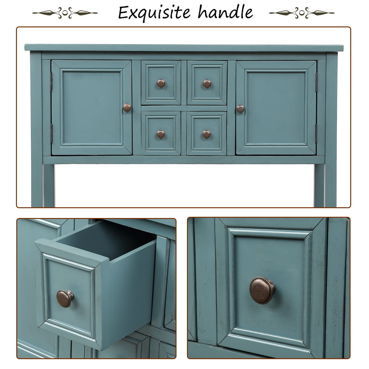 Console Table with 4 Storage Drawers,Storage Vintage Wood Buffet Sideboard Desk with 2 Cabinets and Bottom Shelf, Retro Entryway Table Cupboard for Living Room, Foyer, Hallway