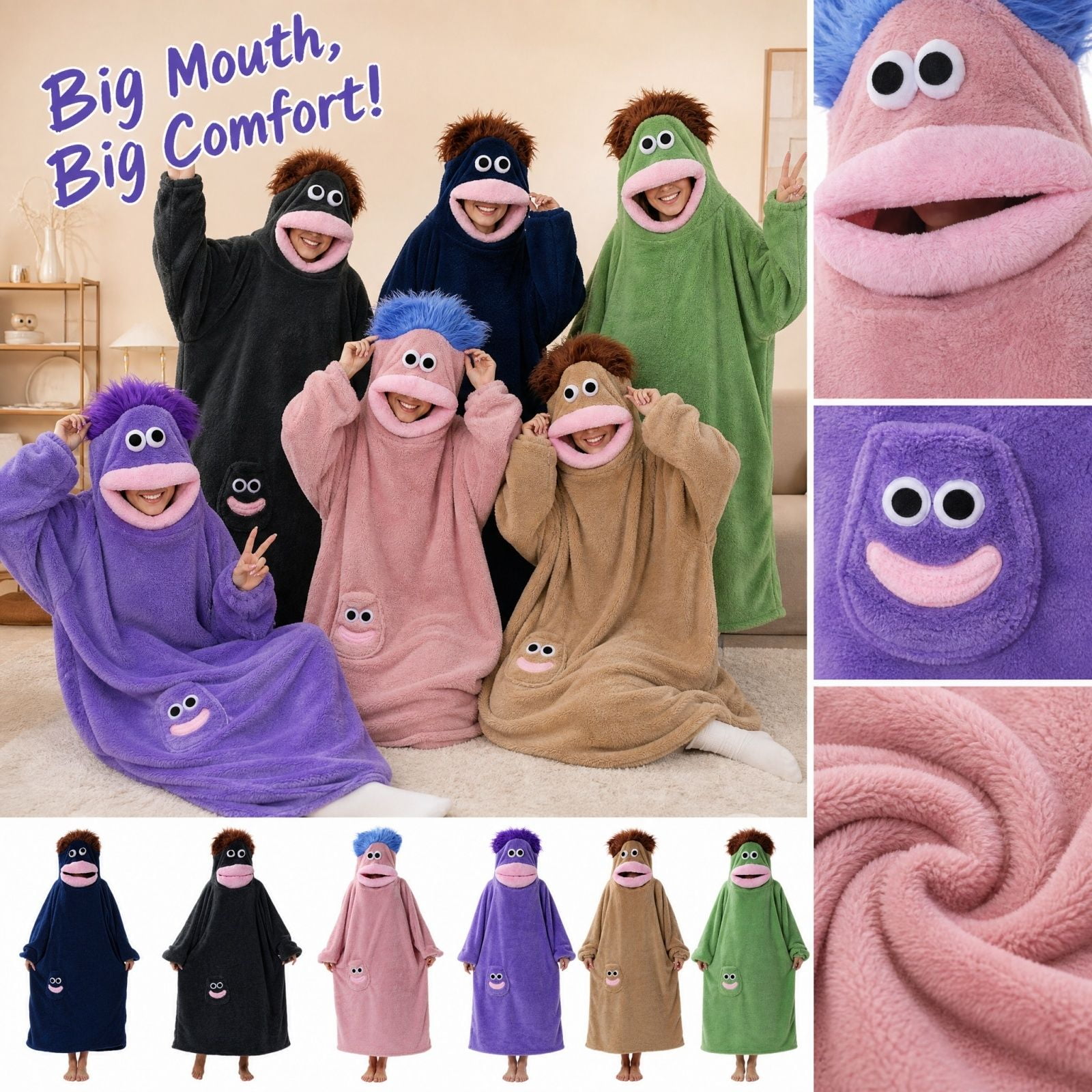 Big Mouth Monster Onesie Funny Big Mouth Monster Pajamas Onesie Adult Soft Plush Loungewear Pink One Size