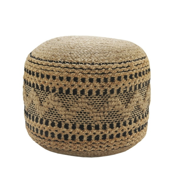 Laddha Home Designs 18" Tan and Black Chevron Handcrafted Round Pouf Ottoman