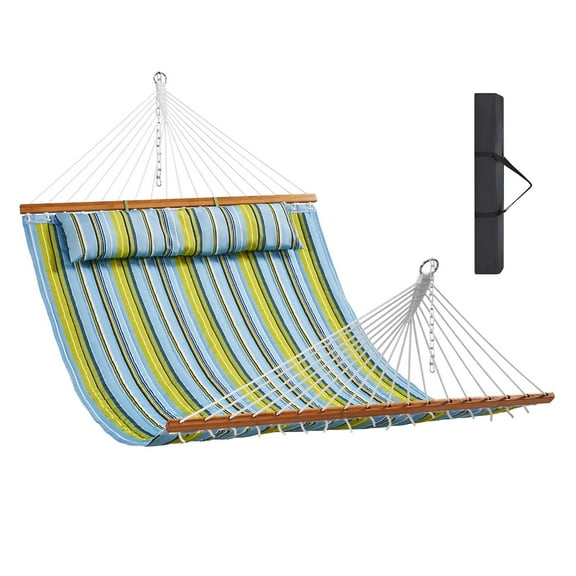 ETHFRF Double Quilted Fabric Hammock with Hardwood Spreader Bar and Detachable Pillow – Large Outdoor Two-Person Camping Hammock, 480 lbs Capacity