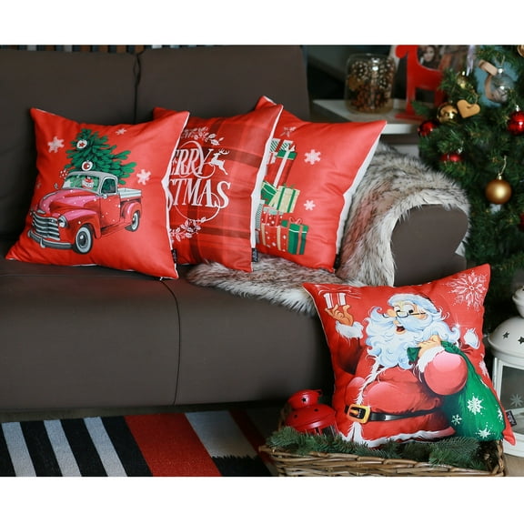 Decorative Christmas Themed Throw Pillow Cover Set of 4 Square 18" x 18" White & Red for Couch, Bedding
