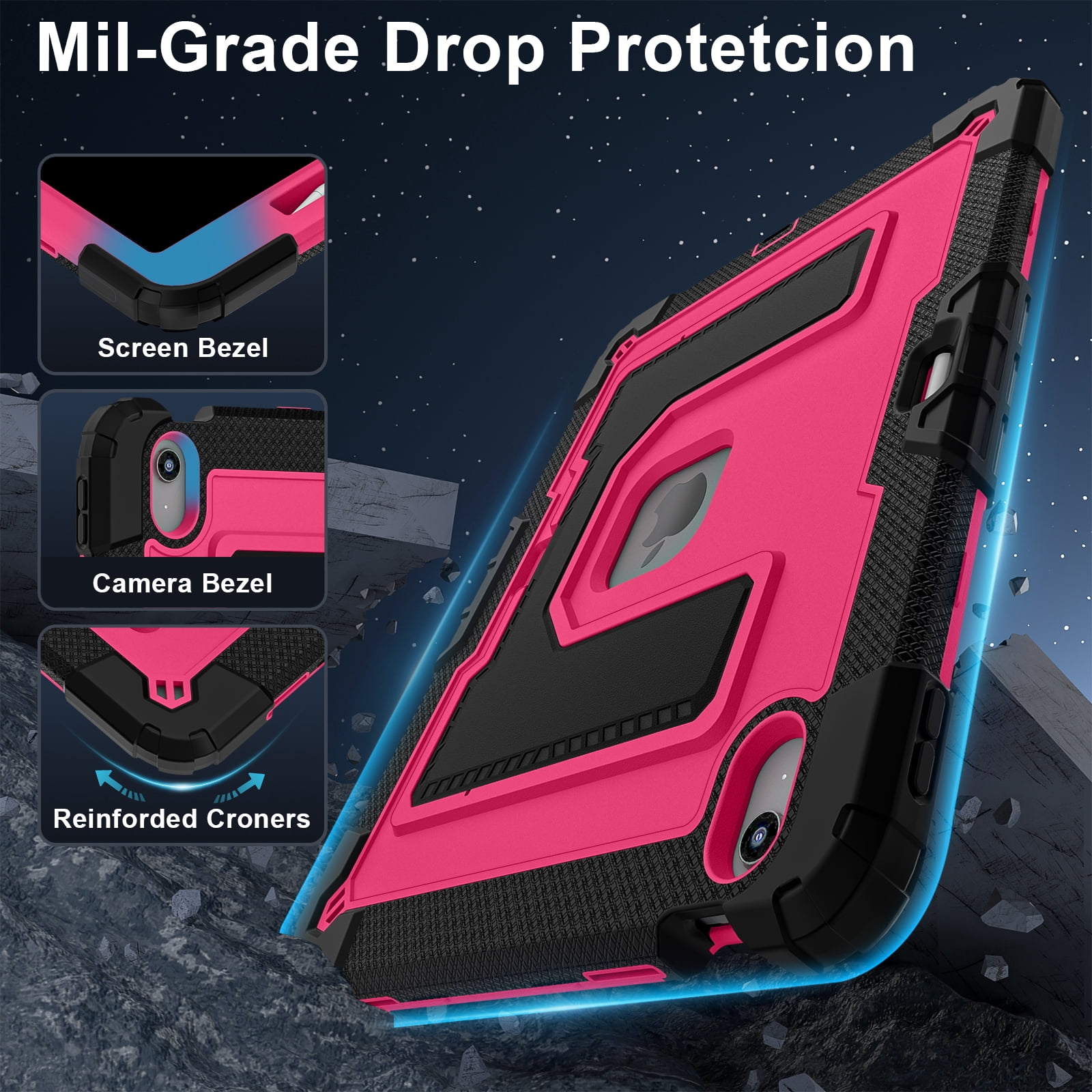 ELEHOLD 3-Layer Rugged Case For Apple iPad Air 13‑inch (M4) 2026, Heavy Duty Shockproof Logo Visible Foldable Kickstand Drop Protection Cover with Pencil Holder + Shoulder Strap, Black+Rose