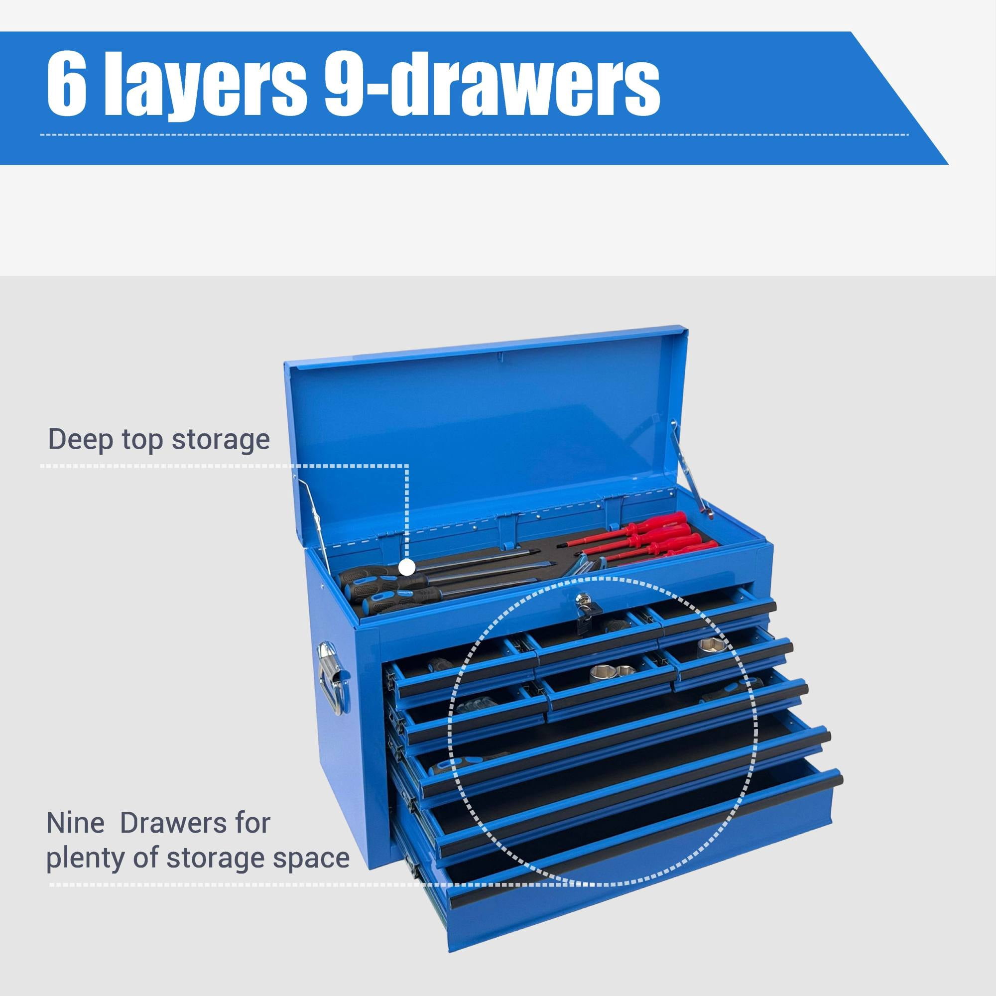 Heavy Duty Metal Tool Box,24 Inch Portable Tool Chest with 9 Drawers, Ball Bearing Slide Drawers with Auto-Locking System, Lockable Top Box Tool Organizer for Garage, Workshop, Truck,Blue