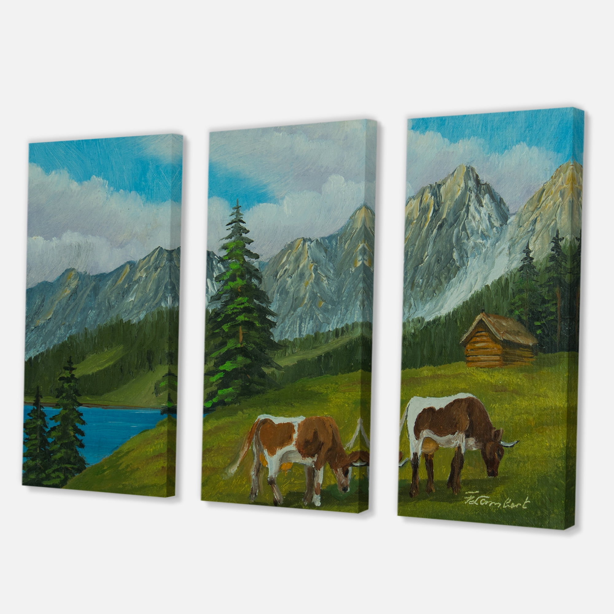 Designart ' Cows On A Green Meadow With Mountain Landscape With ' Farmhouse Canvas Wall Art Print
