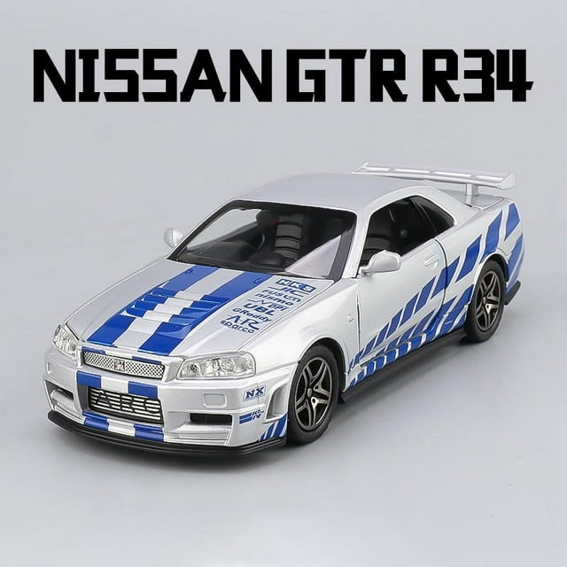 Modèle de Voiture en Alliage 1:32 Nissan GTR R34 GT-R R35 Fast & Furious avec Son et Lumière, Jouet à Rétrofriction pour Enfants, Objets de Collection, Cadeau d'Anniversaire R34 Argenté