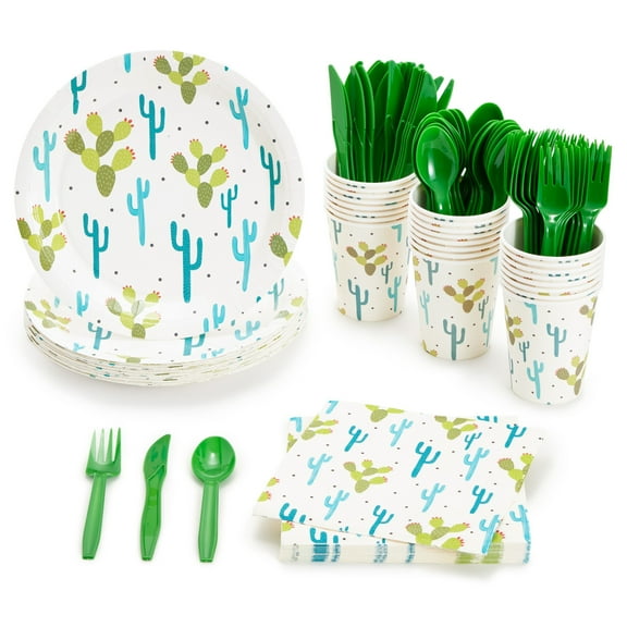 Juvale Cactus Birthday Plates & Napkins Kit - 144-Piece, White Cactus Style - Party Cups & Cutlery Set for Desert Birthday Decorations & Baby Shower