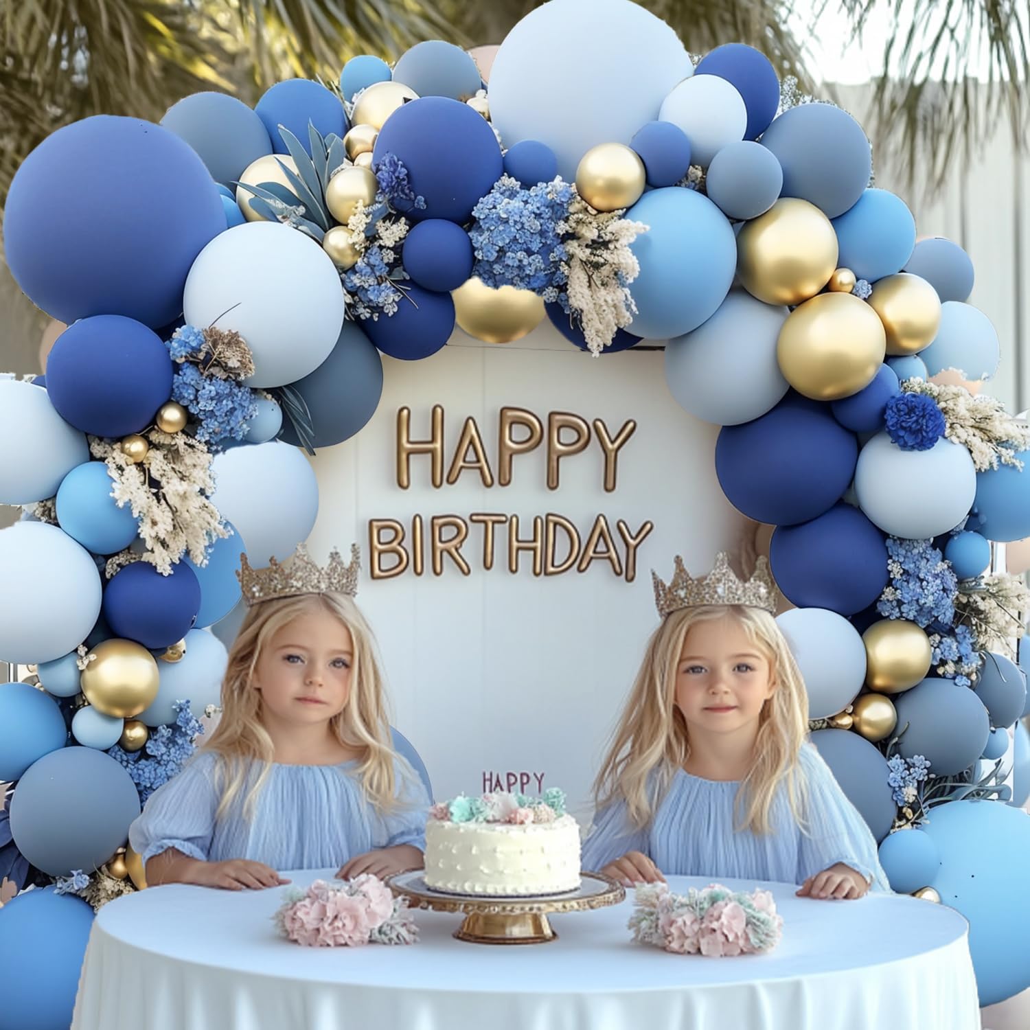 Dusty Blue Gold Balloons Arch Kit, Double Stuffed Pastel Balloon Arch Pastel Light Dark Denim Pale Blue Balloons With Blue Gold Balloons for Birthday Wedding Graduation Party Decorations
