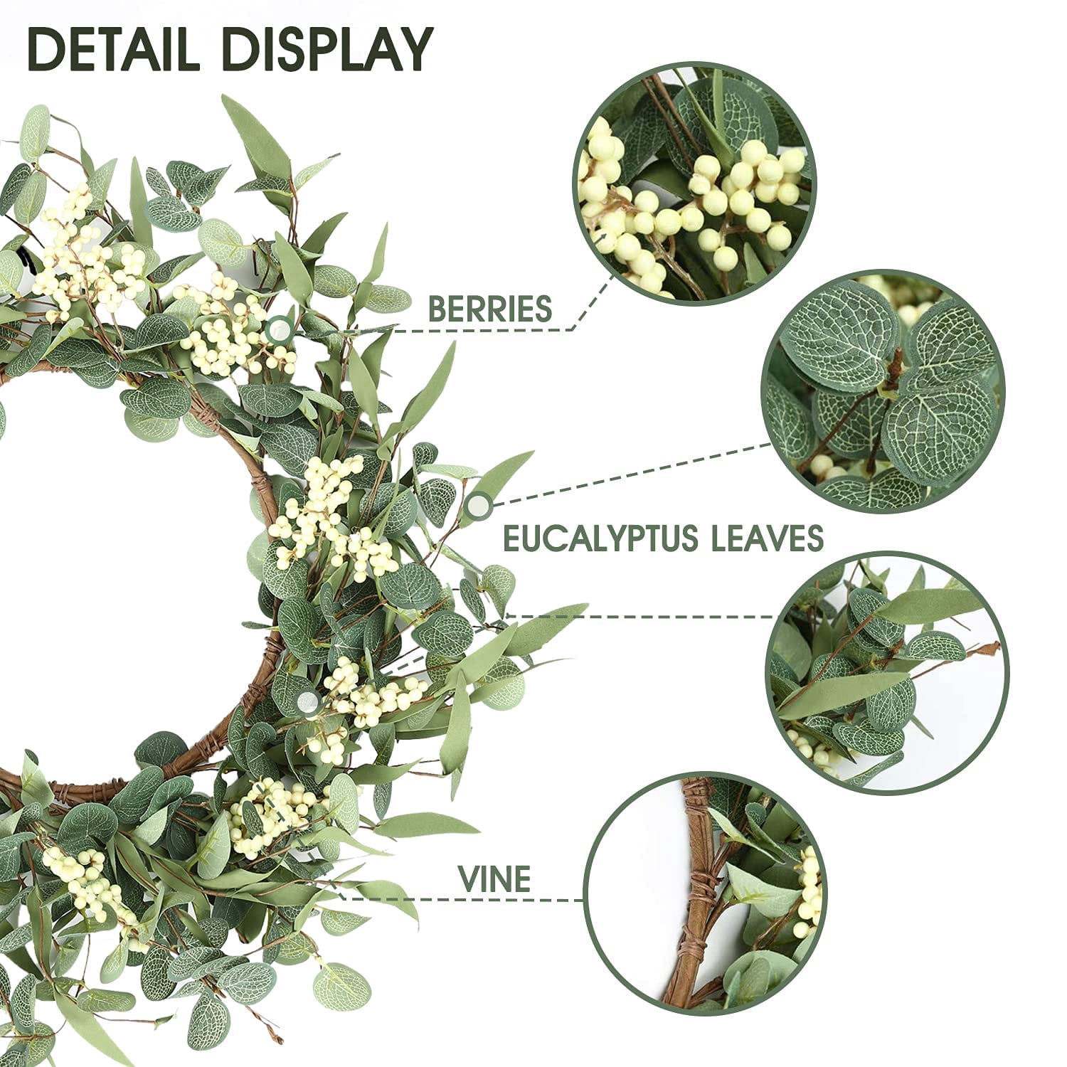 16'' Eucalyptus Wreath for Front Door, Porch, Window - Green Decor for Home, Farmhouse - Spring, Summer, Fall, All Seasons