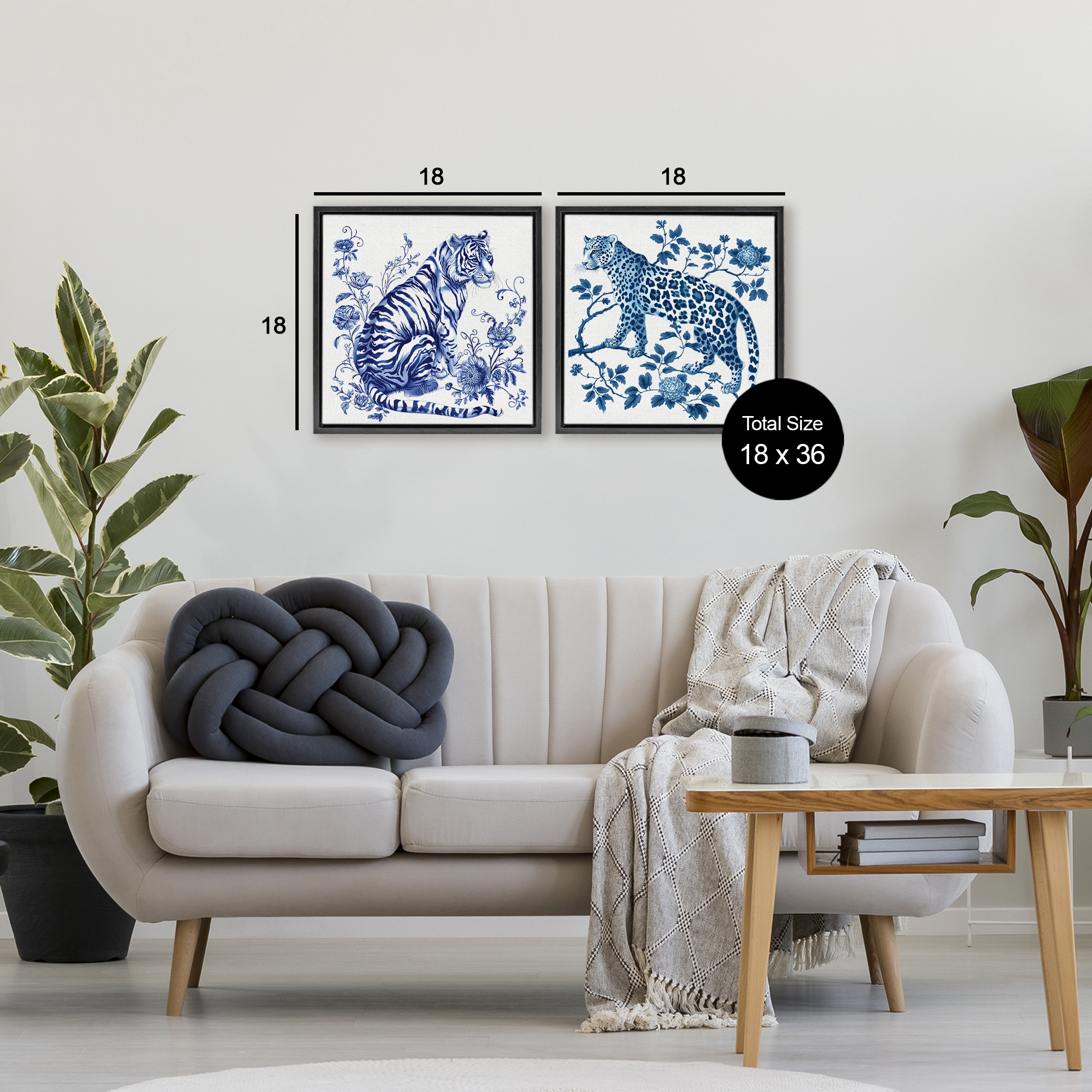 Ornate & Detailed Large Cats 2 Piece Black Framed Floater Canvas Set, design by Lettered and Lined