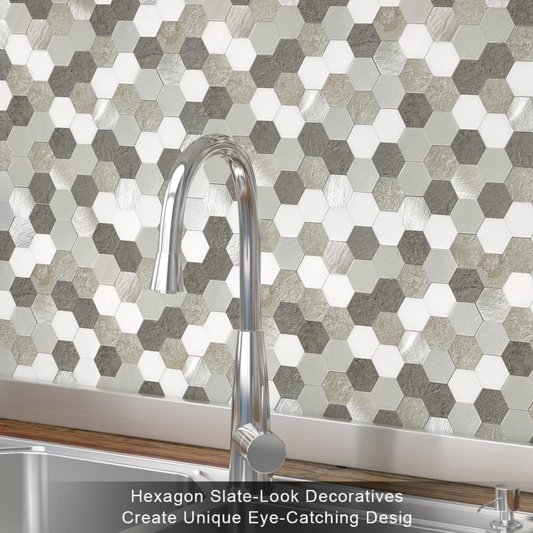 BeNice Peel And Stick Backsplash Tiles – 10-Pack Hexagon Gray Mosaic Tile Stickers, Waterproof & Heat-Resistant PVC Self-Adhesive Panels For Kitchen, Bathroom, Laundry Room & RV