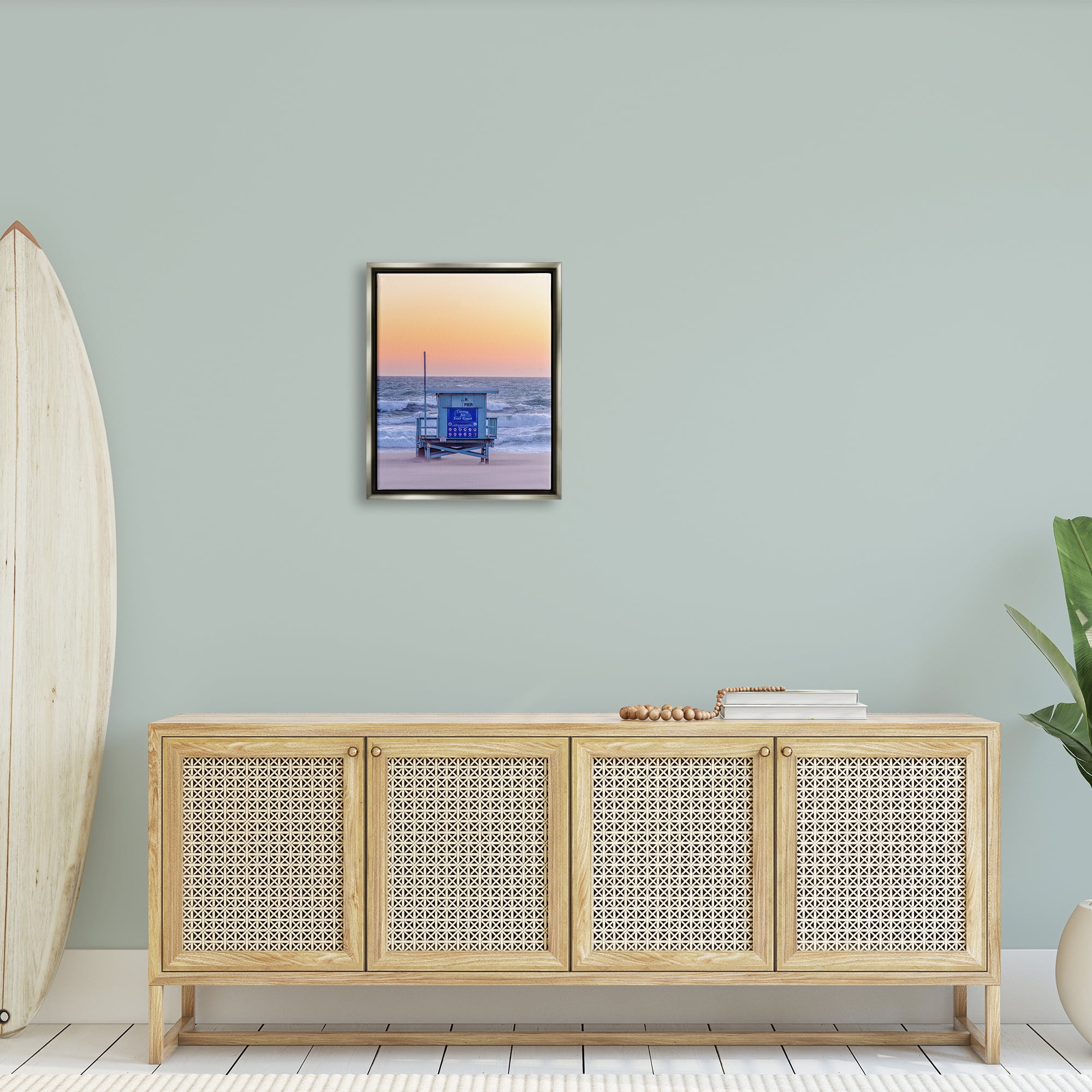Stupell Industries Tranquil Orange Sunset Beach Hut Ocean Shore Photograph Luster Gray Floating Framed Canvas Print Wall Art, Design by Jeff Poe