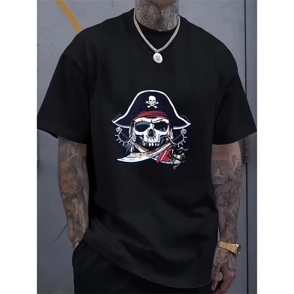 Men's Vintage Pirate Print T-Shirt - White Crewneck Skull Graphic Short Sleeve, Soft Casual Daily Wear, Machine Washable Summer Top, Family Cruise Outfit, Nautical Style Design, Comfortable