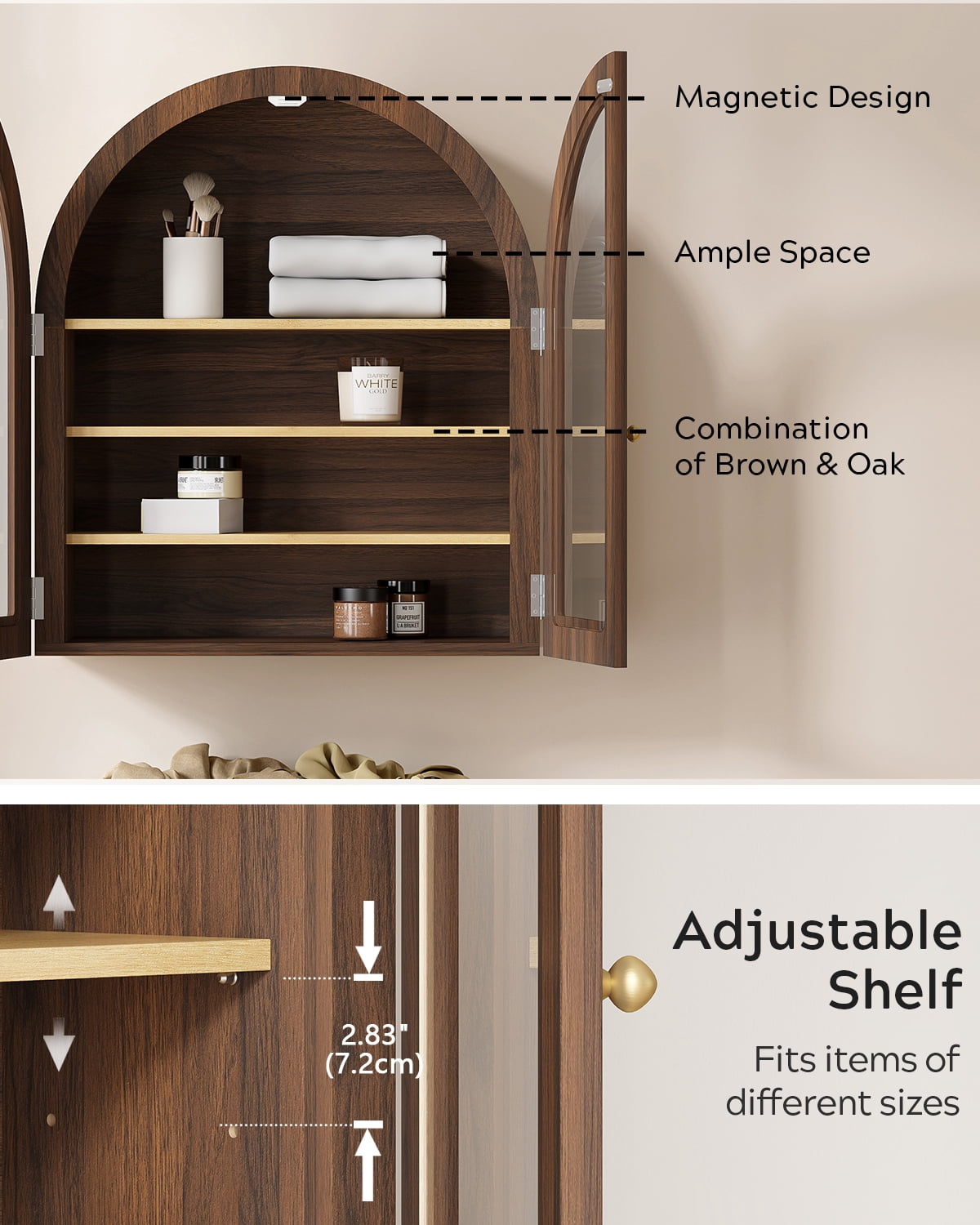 EYYTHUNG Modern Arched Wall Cabinet, Large Medicine Cupboard, Farmhouse Bathroom Storage Cabinet with Door Adjustable Shelf, Brown Oak