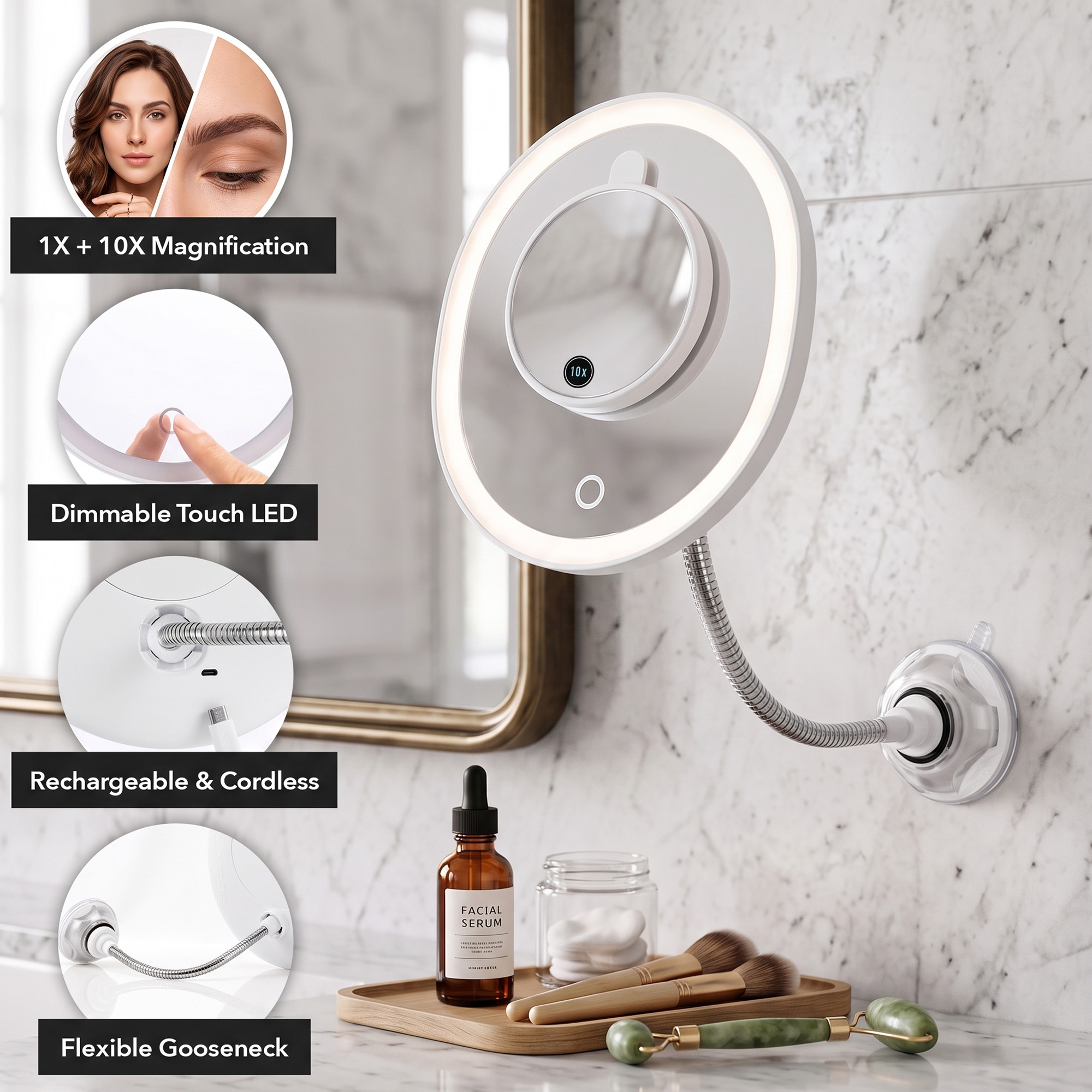 OVENTE 9'' Rechargeable Lighted Wall Mount Makeup Mirror for Bathroom with Mini Magnetic 10X Magnifying Mirror, Touch Screen Dimmable LED Lights, Flexible Gooseneck and Suction Mounting, White MOW22W