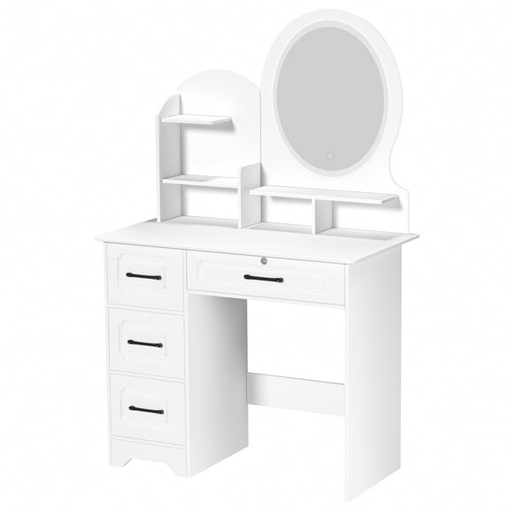 Vanity Table with Lighted Mirror & Drawers European white dressing table with 3-color dimmable LED mirror,Features 4 large drawers & 3 open shelves for ample storage.