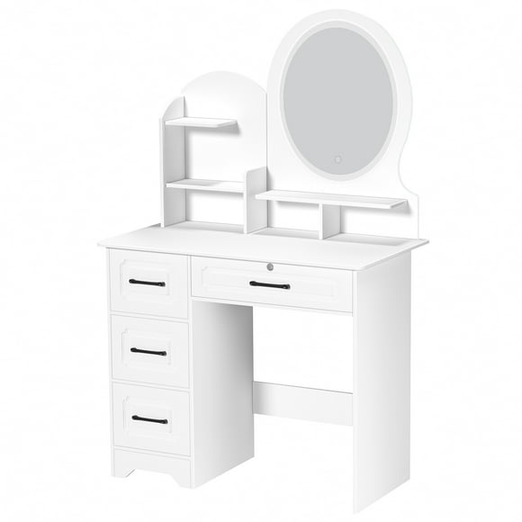 Makeup Desk with Mirror, Large Vanity Desk with Storage Shelves, 4 Drawers, Makeup Vanity Table with Light, Bedroom Dressing Table-White