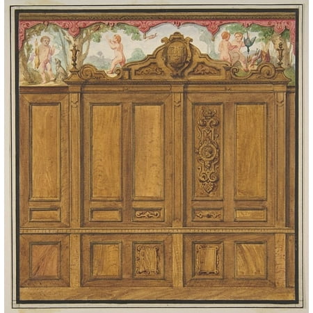French Monogram - Design for the decoration of a room with a large wood-paneled cupboard surmounted by the monogram H Poster Print by Jules-Edmond-Charles Lachaise (French died 1897) (18 x 24)