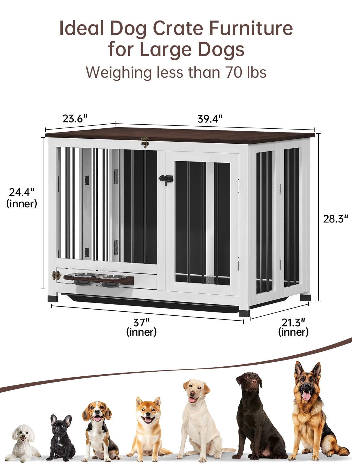 39.4"  Collapsible Dog Crate Furniture - Indoor Wooden Kennel with 360° Rotating Feeder & Removable Tray | Sturdy End Table for Medium & Large Dogs | Easy Assembly, Pet Cage for Living Room