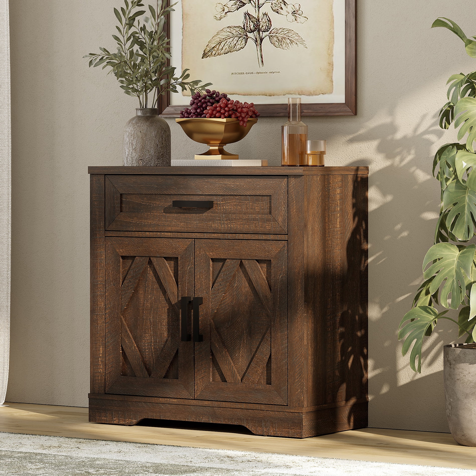 WAMPAT 31.5"W Farmhouse Buffet Sideboard with Barn Doors, Drawer & Storage, Brown