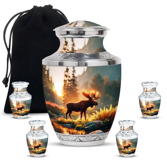 JAGASY Moose Funeral Combo Urn Set of 5, Beige Urns for Human Ashes Keepsake, Forest Large Decorative Urns for Friends, Sunset Small Cremation Urn for Boys & Girls, (1 Large, 10" & 4 Small, 3")