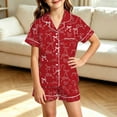 thumbnail image 2 of CAIVO 2 Piece Pajama Sets Girls Lapel Short Sleeve Button Down Shirt With Shorts Bowknot Printed Casual Loungewear Sleepwear For Kids Soft Breathable Summer Nightclothes Homewear, 2 of 4