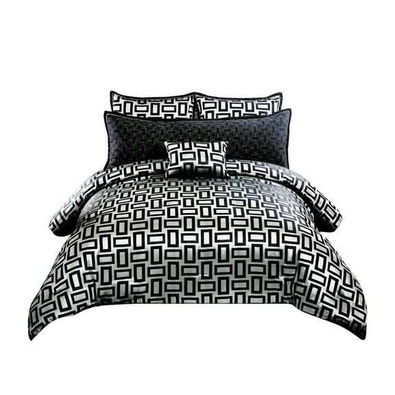 Benjara 6 Piece Polyester King Comforter Set with Geometric Print, Gray and Black