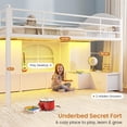 thumbnail image 6 of Mabor Twin Size Low Loft Bed with 6 Storage Drawers,Twin Loft Bed with Bookcase & LED Lights, Upholstered Headboard, Secret Play Space, Metal Bed Frame with Safety Guardrail & Inclined Ladder,White, 6 of 9