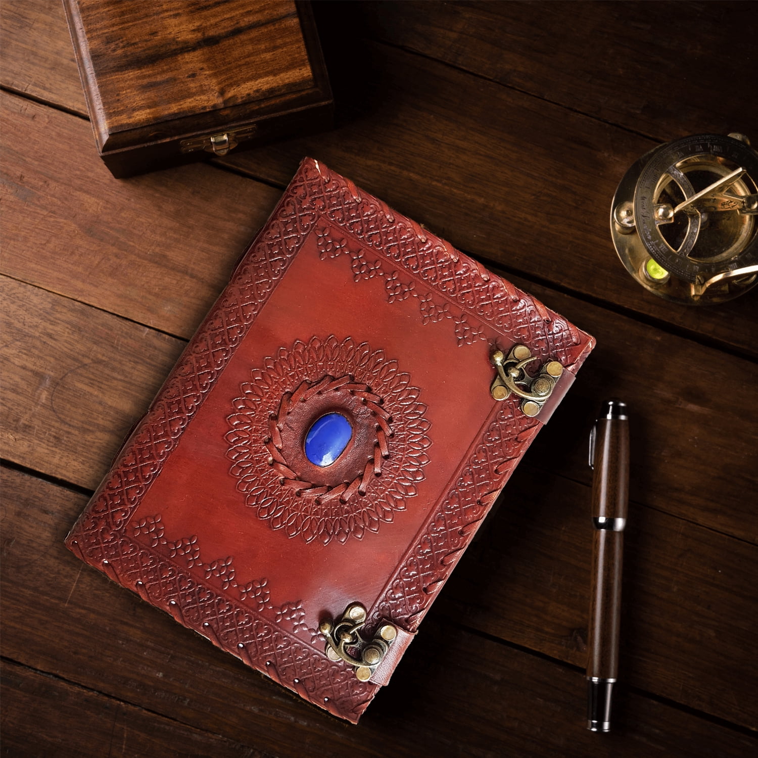 Jaald Leather Journal with Clasp Blue Stone Travel Diary Blank Notebook Writing Pad Sketchbook Scrapbook Gifts for Men Women Book of Shadows