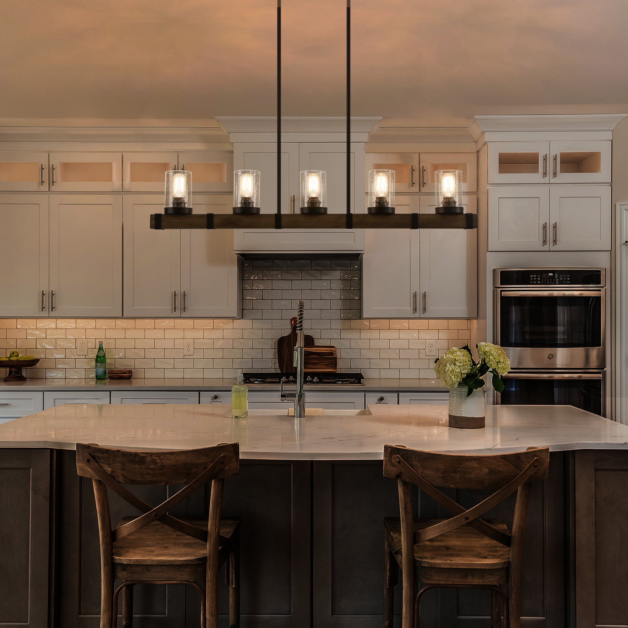 LNC 5-Light Farmhouse Chandelier with Seeded Glass,Matte Black and Brown Wood Tone