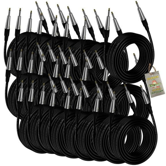 24 PACK - Fat Toad 20FT Guitar Cords Instrument Cables 24 AWG Patch Conductor for Electric Guitar, Bass, Amplifier, Speaker, Keyboard & Recording Studio Shielded 1/4 Inch Gold Straight-End Wires
