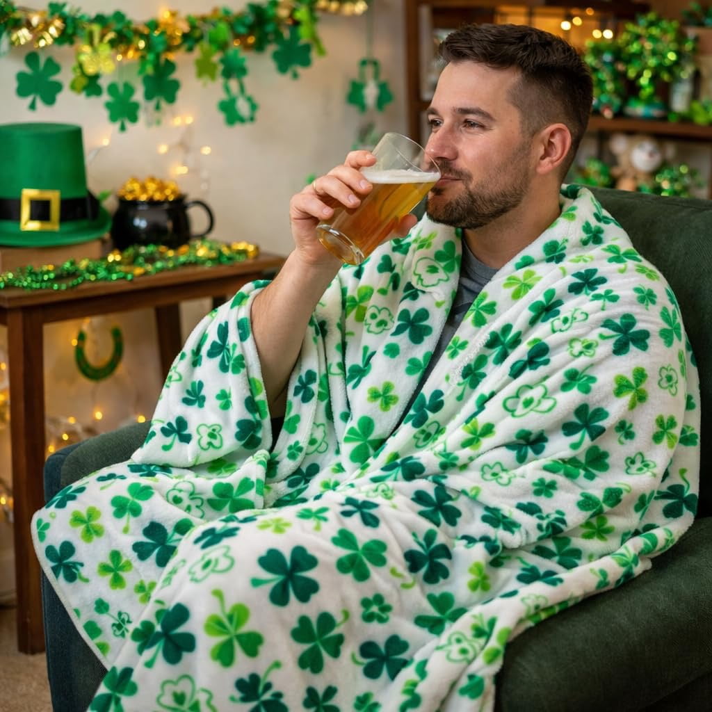 Serafina Home St. Patrick's Day Soft Throw Blanket: Greens of Ireland Four Leaf Clover Shamrock Design 50" x 70"