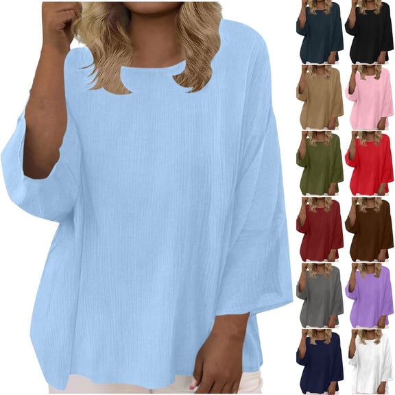 Jinhomg Blouses for Women 3/4 Sleeve Crewneck Tops Casual Loose Fit Crinkle Pullover Shirts Plain Color Flowy Tunics Everyday Wear Lounge Clothes Top Pink L