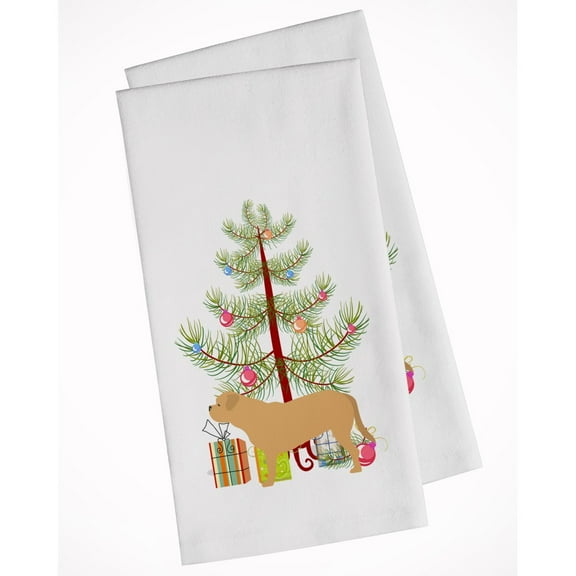 Dogue de Bordeaux Merry Christmas Tree White Kitchen Towel Set of 2 Dish Towels