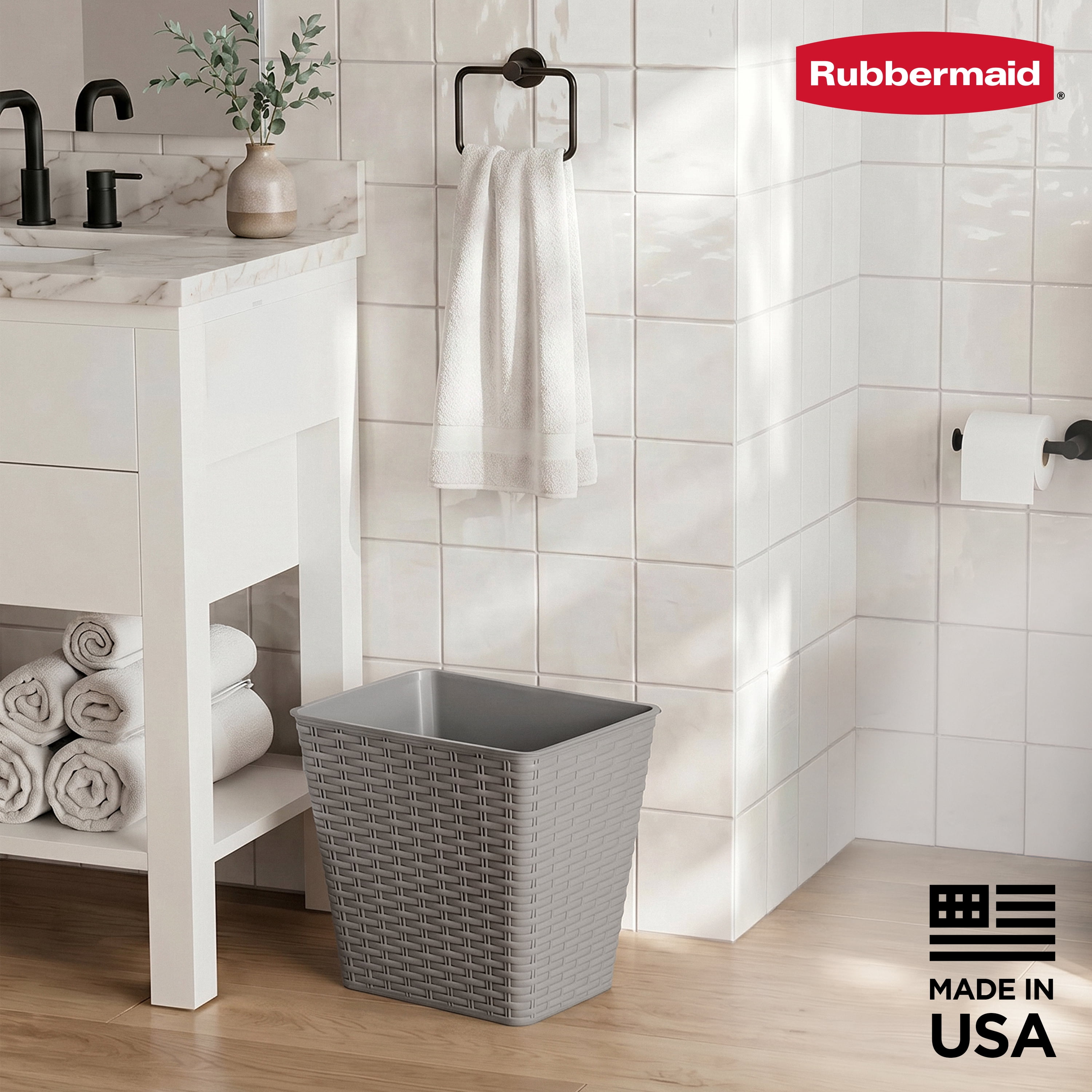 Rubbermaid 4 Gallon Wastebasket – Small Resin Trash Can for Bathroom, Bedroom, Home Office, Dorm, Charcoal Gray