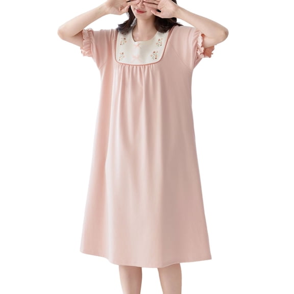 SWSMCLT Women's Cotton Nightgowns Pajamas Dress Plus Size Summer V Neck Ruffle Cute Night Gown Short Sleeve Fashion Style4 Medium