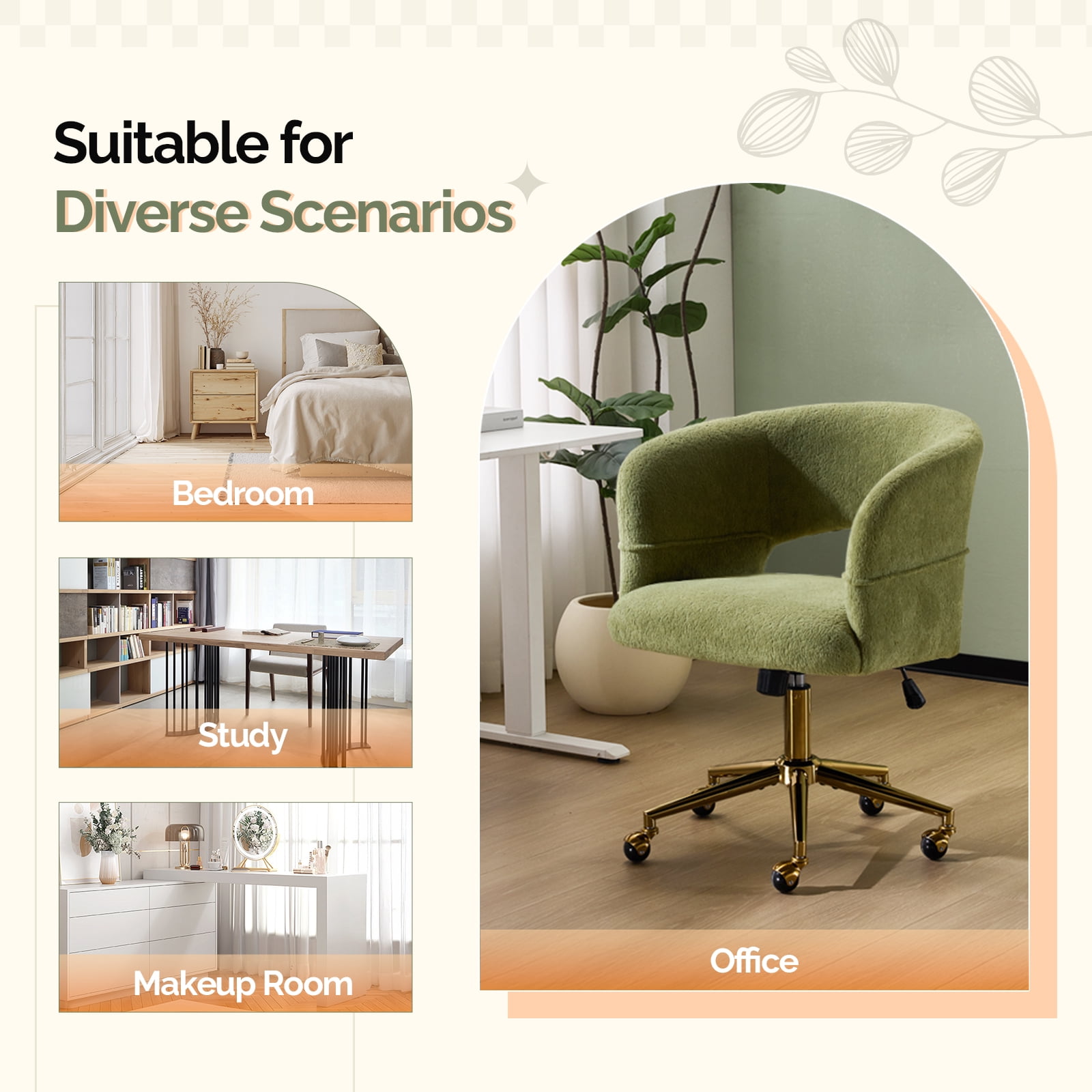 UBesGoo Modern Swivel Accent Chair, Flannel Makeup Vanity Chair, Highly Adjustable Desk Chair for Living Room Dorm Office, Green