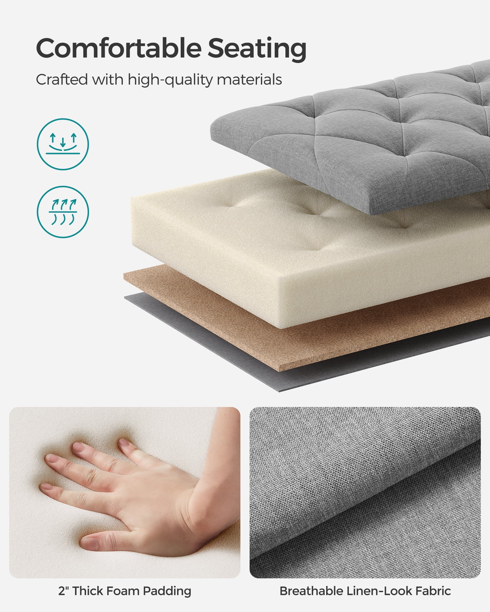 SONGMICS 43.3" Storage Ottoman Bench Ottoman with Storage Hold up to 660lbs Bedroom Bench for Entryway Living Room Light Gray