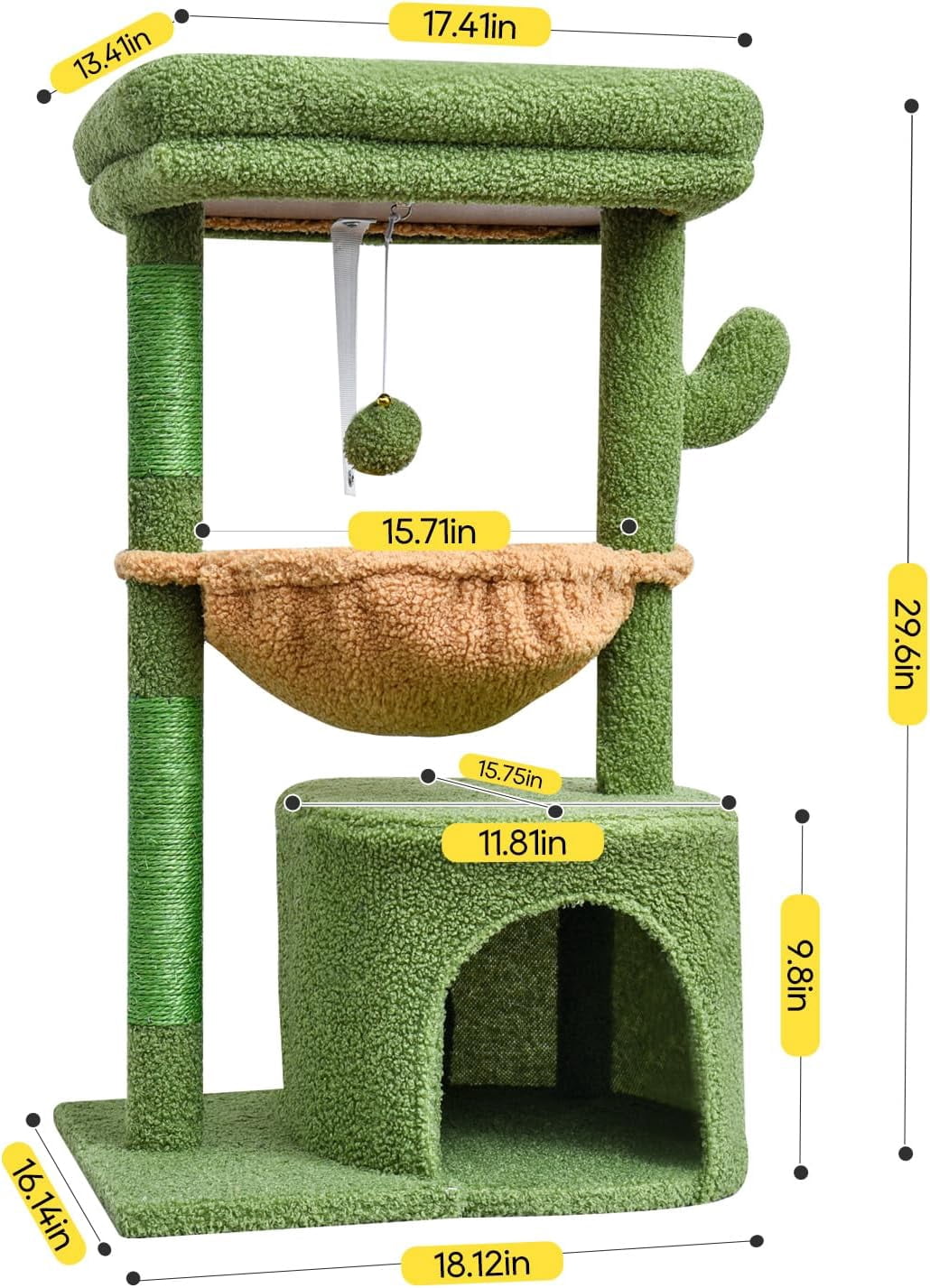 Cactus Cat Tree for Indoor Cats, Green Activity Cat Tower with Scratching Post for Kittens, Modern Cat Furniture with Basket & Hanging Ball for Play Rest