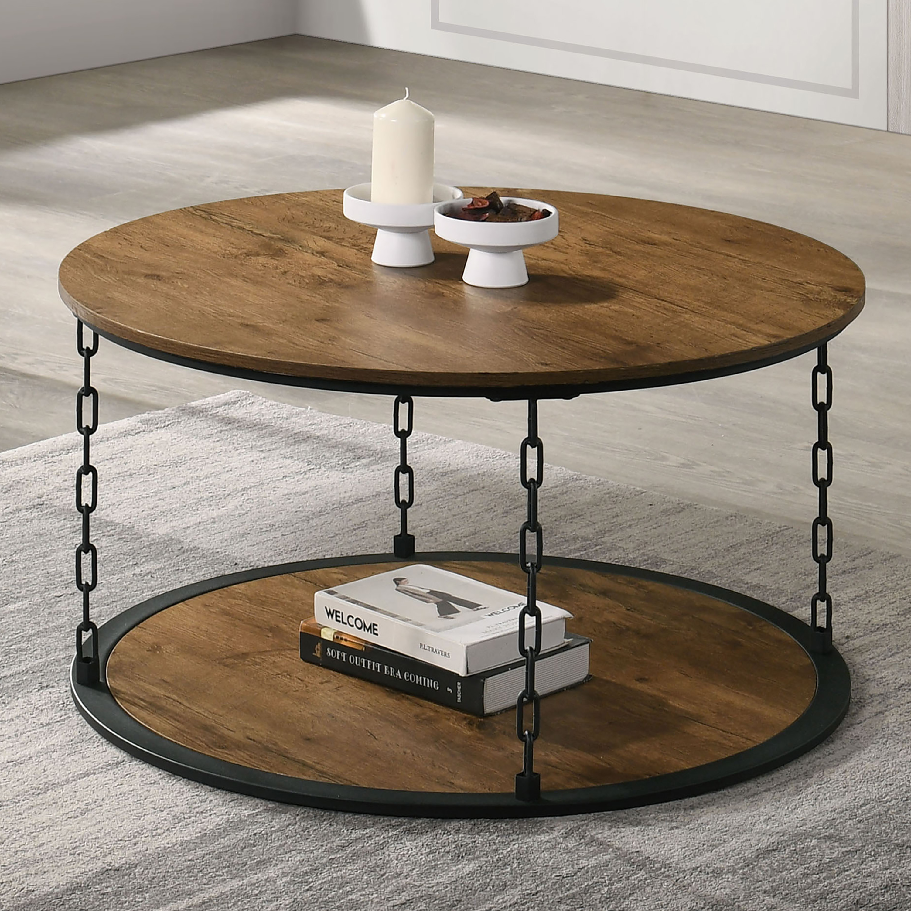 Furniture of America Brina Rustic Open Shelf Round 3-Piece Accent Table Set, Natural