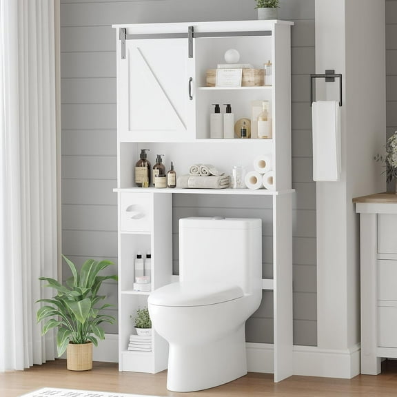 Over The Toilet Storage Cabinet With Barn Door, White Above Toilet Storage Cabinet, Over Toilet Bathroom Organizer Space Saver With Tissue Hook & Adjustable Shelf Toilet Rack Shelf for Laundry Rest