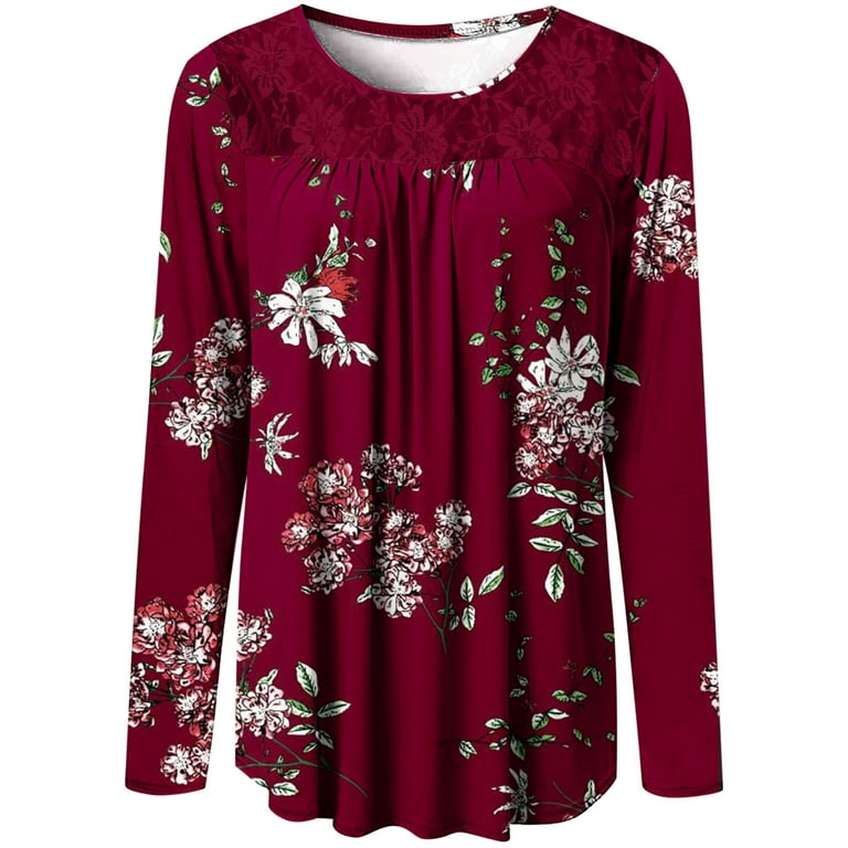 Hide Belly Long Shirt Long Sleeve Shirts Tunic Tops to Wear with Leggings  Plus Size Tops for Women Dressy Lace Stiching Scoop Neck Floral Graphic
