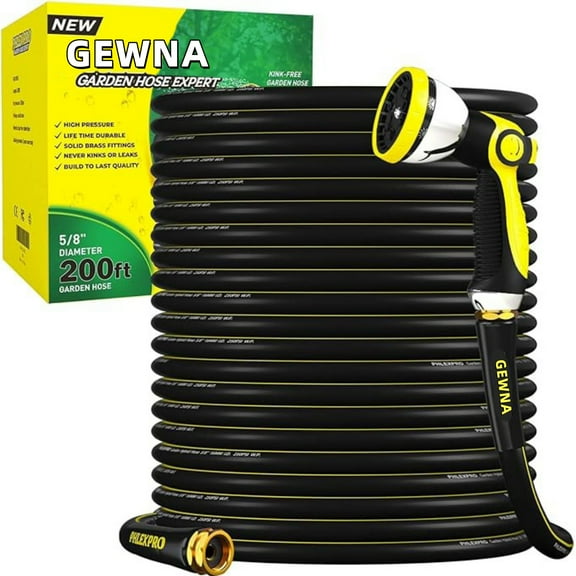 Gewna 5/8''x 200 ft Heavy-Duty Garden Hose Burst Proof Rubber 3 Layer Water Hose with 10 Pattern Spray Nozzle