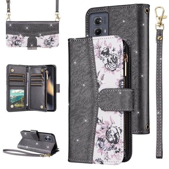 Furiet for Motorola Edge 5G 2024 Floral Wallet Case with Flip Zipper Purse Wrist/Shoulder Strap, Luxury Glitter PU Leather Card Holder Stand Accessories Phone Cover for Moto Edge2024 Women Black