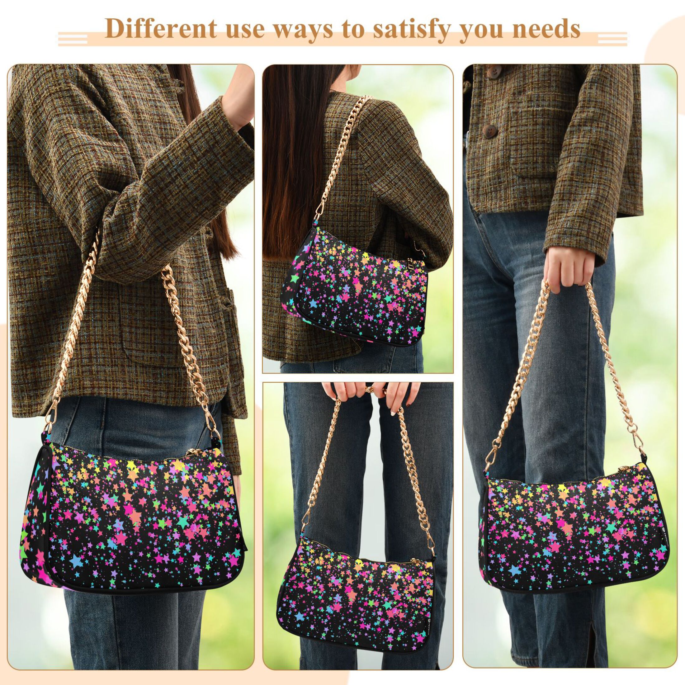 Black with Colorful Stars Womens Chain Shoulder Bag Tote Handbag Clutch Hobo Purse with Zipper for Travel Casual