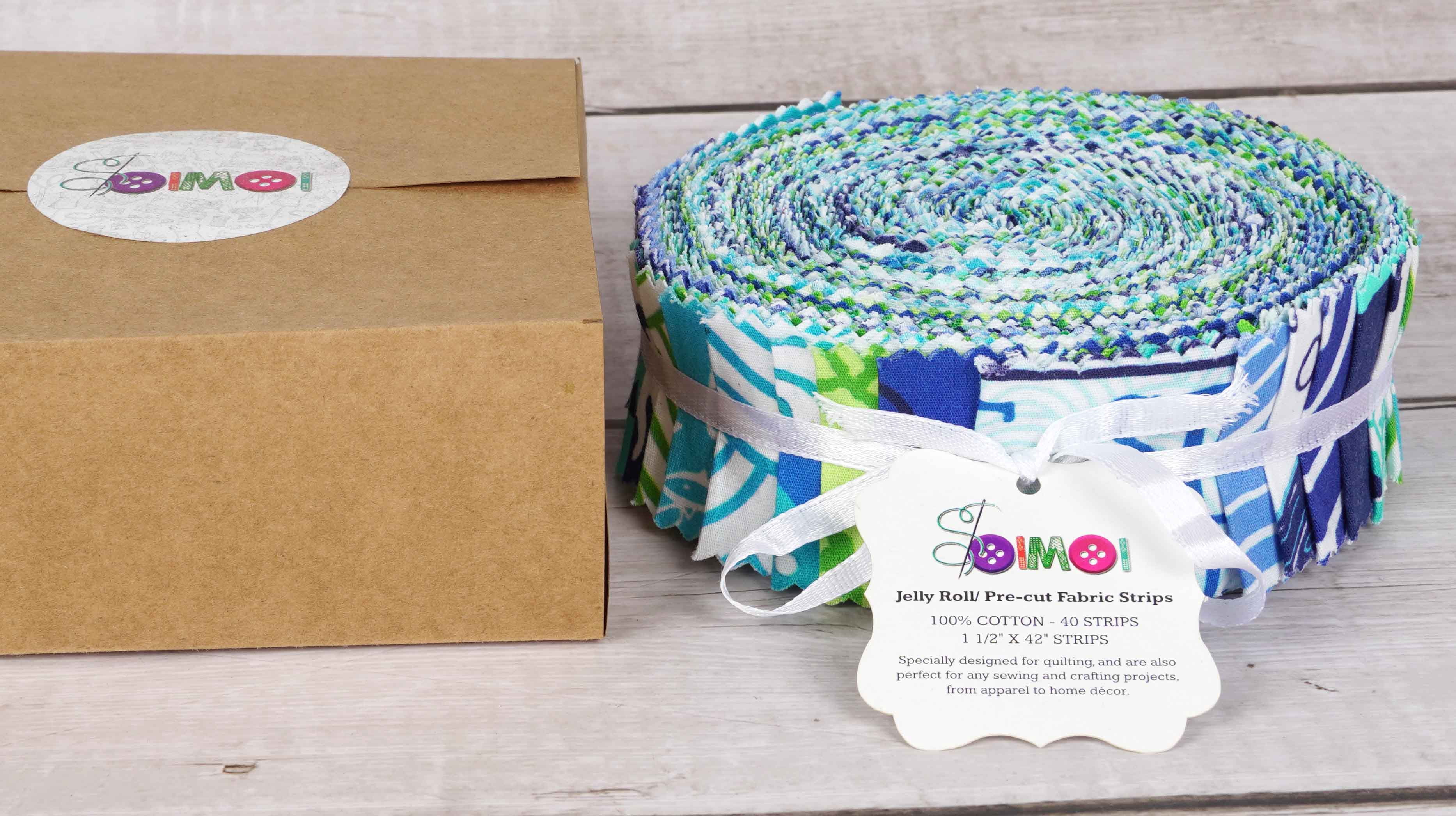 Soimoi 40Pcs Ocean Print Precut Fabrics Strips Roll Up 1.5x42 inches Cotton Jelly Rolls For Quilting - Medium Blue