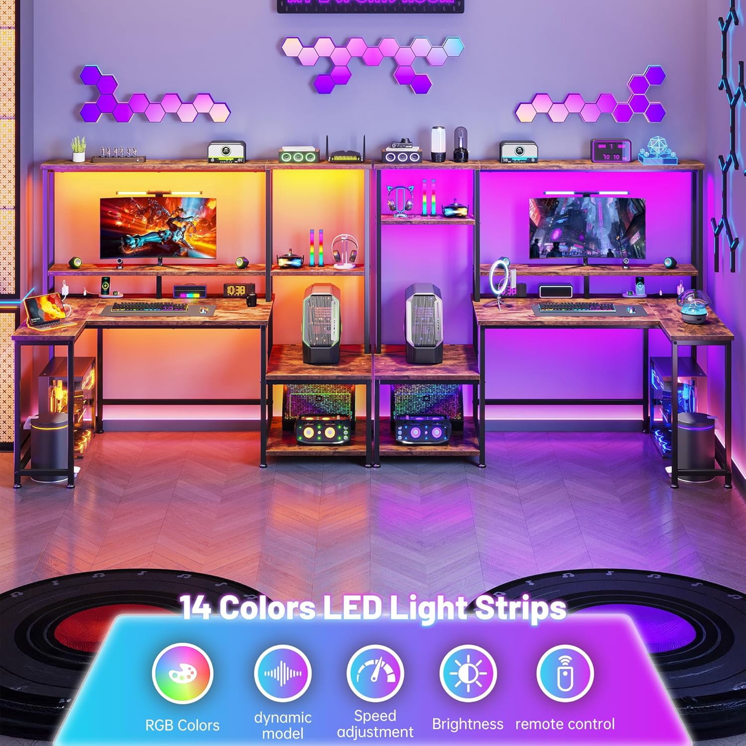 Gaming Desk with LED Lights & Outlets,55" L Shaped Computer Desk with Shelves & Storage Hutch,Reversible Corner Gaming Table with Printer Space & Monitor Stand for Home Office,Rustic Brown